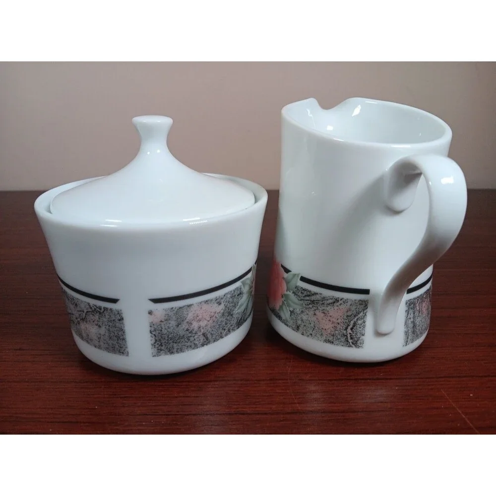 Corning Corelle Silk And Roses Sugar Bowl & Lid And Creamer Set USA EUC